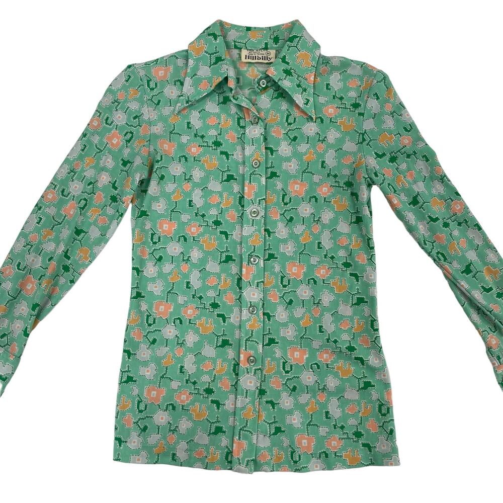 Hillbilly Made in Taiwan 100% Nylon Abstract Floral Button Down Top Girls Medium